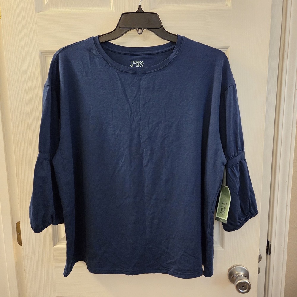 Terra & Sky sz 1X blue 3/4 slv t-shirt NWT cotton blnd casual elevated basic